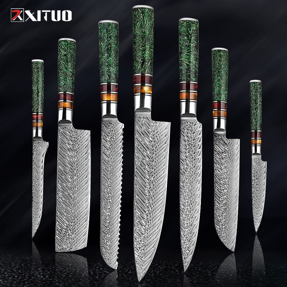Conjunto de Facas de Cozinha XITUO Luxury Damascus Japonesas Chef Santoku Faca Cutelo Descascar Faca de Pão Cabo de Resina Sintética Destaque