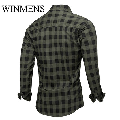 Men's Checked Shirt 2025 Autumn Winter Long Sleeve Quality Cotton Casual Basic Tops Turn-down Collar Relaxed Cargo Shirts