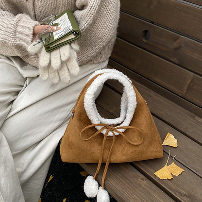 Faux Suede Solid Color Bow Hairy Cute Women's Handbags Christmas Gift Giving Fashion Bags 2025 Autumn/winter New Shoulder Bags