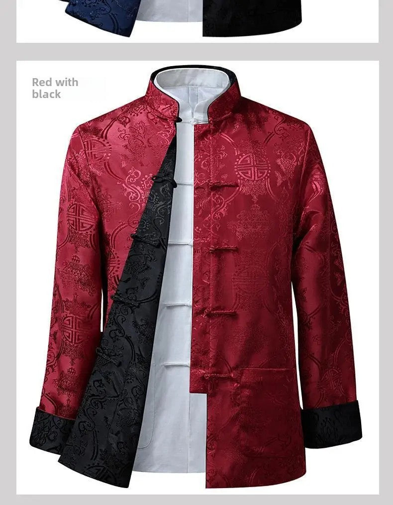Spring Autumn Double-Sided Wearable Vintage Blazer Jacket Men's Casual Chinese Style Middle-Aged And Elderly Fashion Outerwear