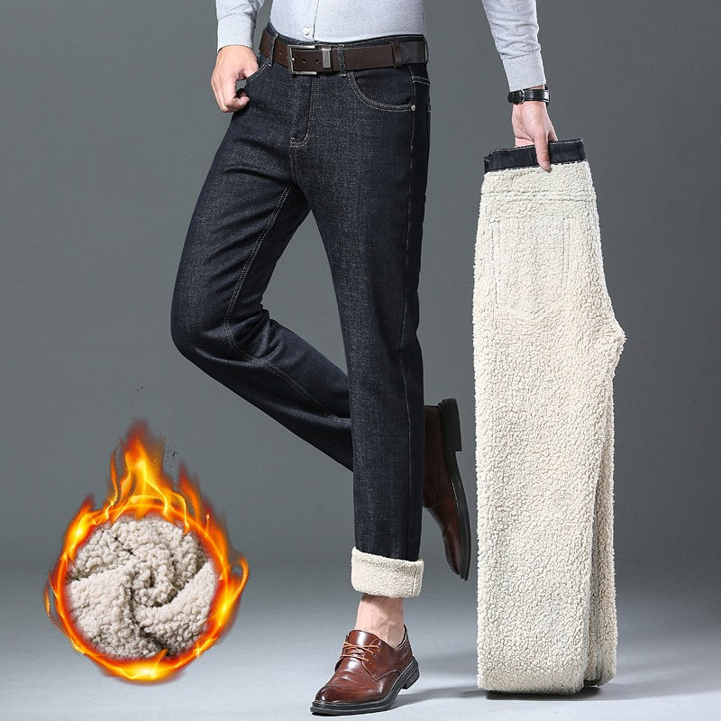 Calça Jeans Masculina de Lã Aveludada, Inverno, Forrada com Lã Grossa, Casual de Negócios, Reta, Jeans, Macia, Confortável, Térmica, Elástica, Calças Masculinas
