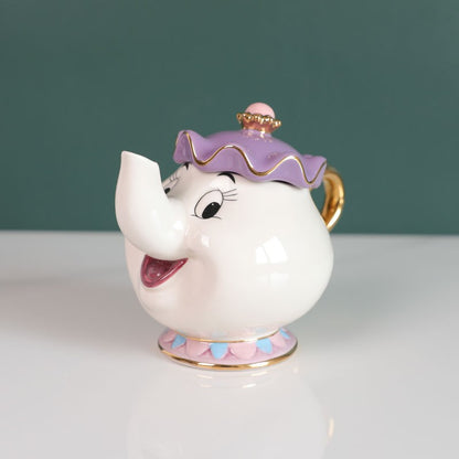 Bule de Chá Bela e a Fera Disney Fofo Desenho Animado Cafeteira Caneca Sra Potts Xícara Zip Bules de Chá Conjunto de Xícaras Decoração de Casa Enfeite Presente