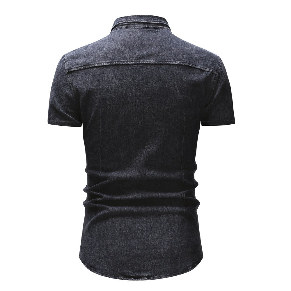 Men Denim Shirts Tops Shirt Short Sleeve Button Turn Down Collar Single Breasted Slim Fit Solid Simple Casual Splice Top 2024