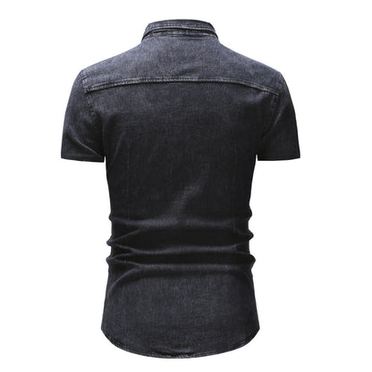 Men Denim Shirts Tops Shirt Short Sleeve Button Turn Down Collar Single Breasted Slim Fit Solid Simple Casual Splice Top 2024