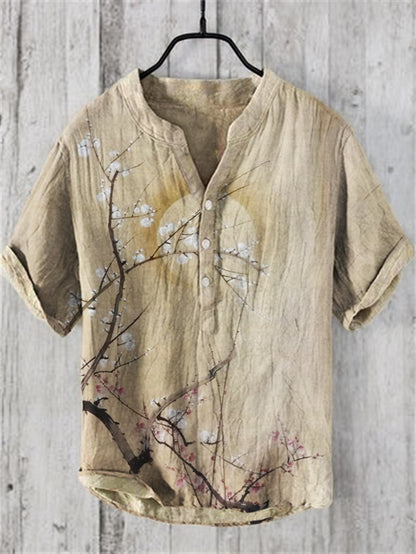 Fashion men's V-neck shirt T-shirt Hawaiian men's printed linen short-sleeved button-down shirt seaside holiday casual shirt