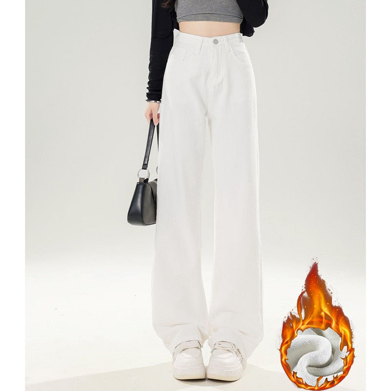Winter Female Snow Warm High Waist Jeans Women Korean Fleece Thermal Denim Pants Girls Fashion Plush Straight Leg Trousers