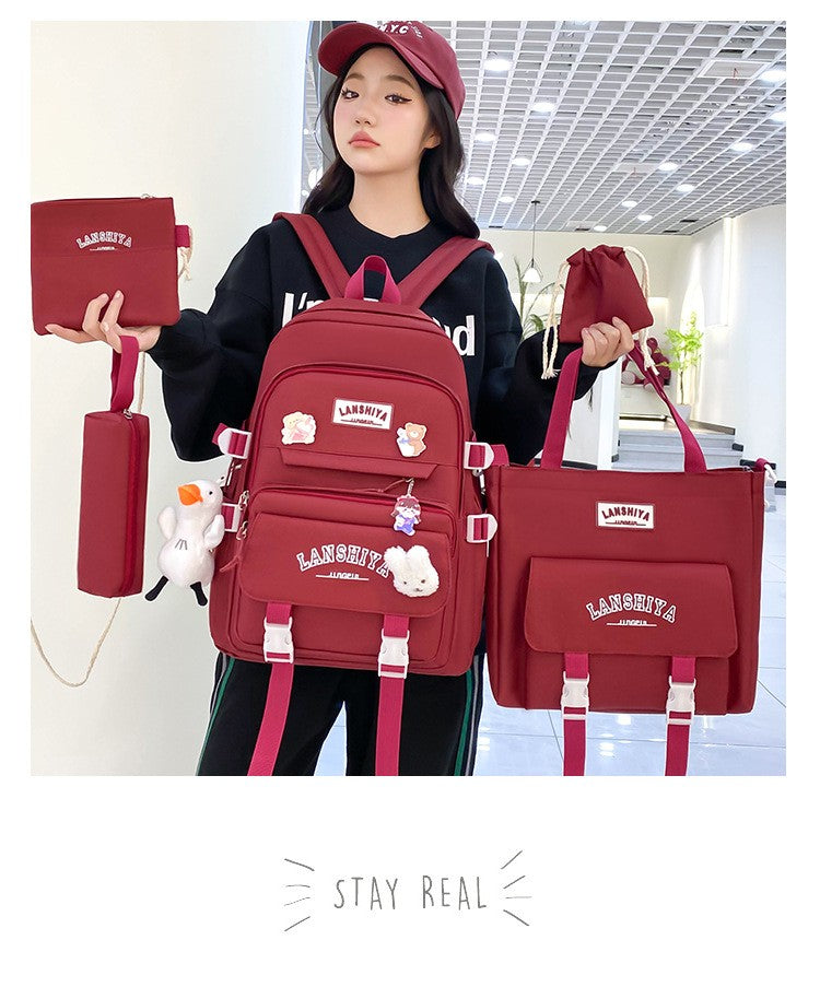 5-piece Set of Free Pendants Forest Style Korean Version Casual Harajuku Student Backpack for High School Girls Large Capacity