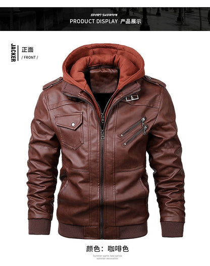 Men's Autumn Winter Casual PU Leather Hooded Zipper Warm Jackets Male Motorcycle Jacket Military Windbreaker Outdoor Coats