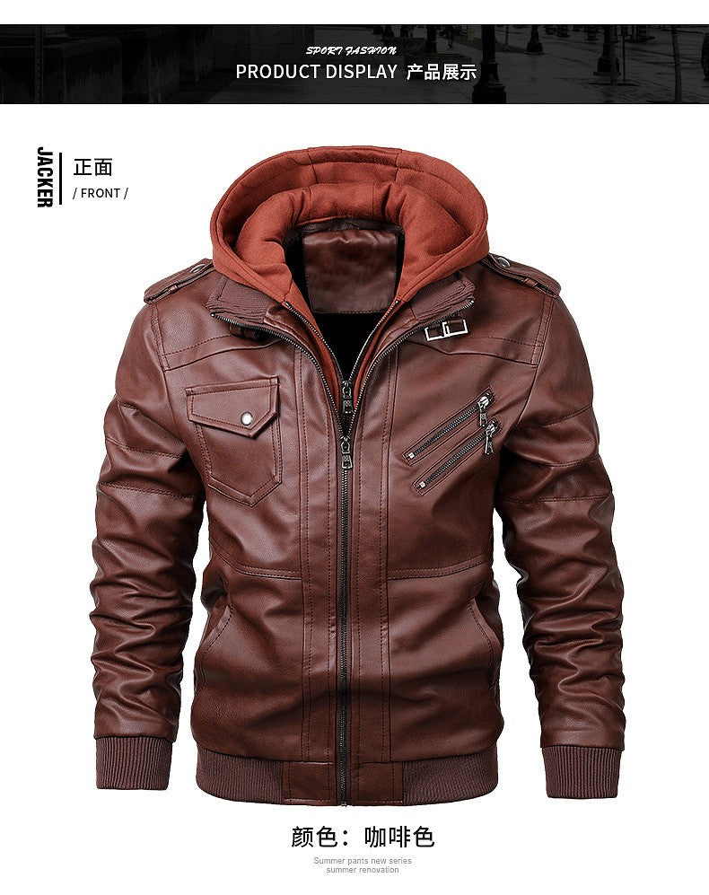 Men's Autumn Winter Casual PU Leather Hooded Zipper Warm Jackets Male Motorcycle Jacket Military Windbreaker Outdoor Coats