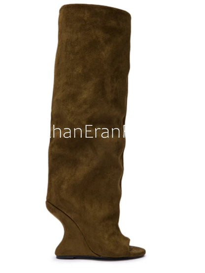 2025Spring and Autumn Fashion New Thick High Heels Women's Knee Length Wide Tube Version Fish Mouth Boots Middle Top Boots