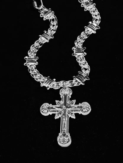 Colar com Pingente de Cruz Grande Iridescente de Jesus Cristo em Acrílico para Mulheres e Homens Colar com Corrente de Arame Farpado Joia de Presente