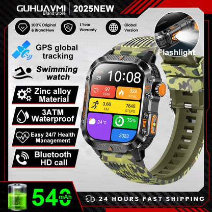 2026 Novas pulseiras inteligentes militares de GPS para ambientes externos, bússola masculina, frequência cardíaca, chamada BT, lanterna LED, Smartwatch à prova d'água 10ATM para natação