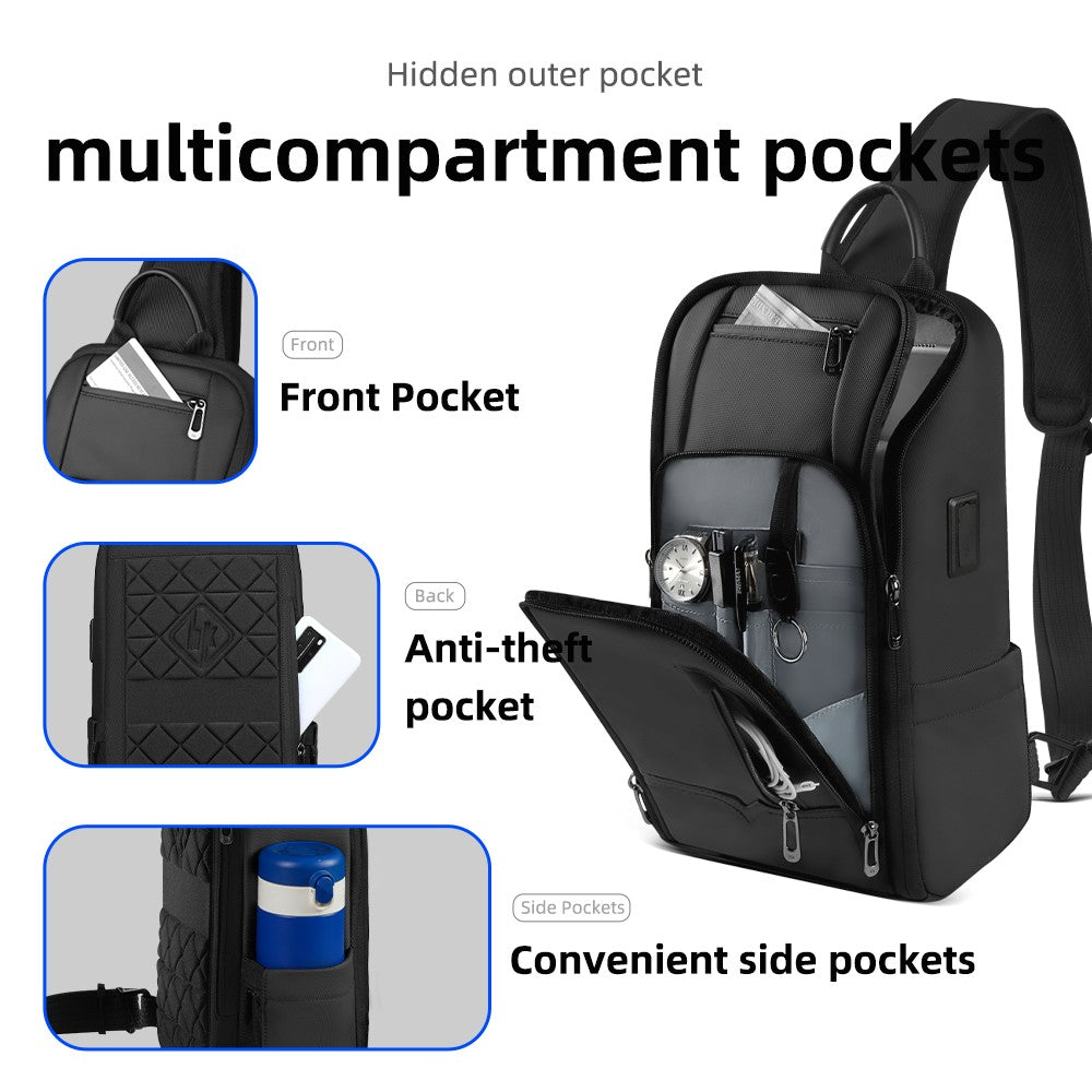 HK Anti-theft Men's Shoulder Bag Waterproof Chest Crossbody Bag with USB Oxford Leisure Satchel Multi-Pockets Sling Bag for Male