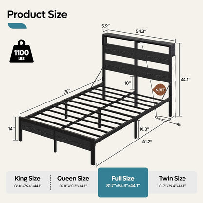 Cama de Casal Completa com Cabeceira de Armazenamento e Estação de Carregamento, Cama de Plataforma Preta com Luz LED, Cama de Metal Antiderrapante