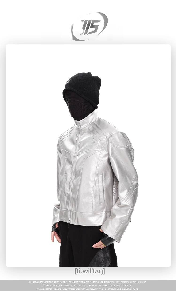 FEWQ Niche Design Men's PU Leather Coats Stand Collar Solid Color Zipper Metal Design Shoulder Pads Male Short Jacket 24K5931