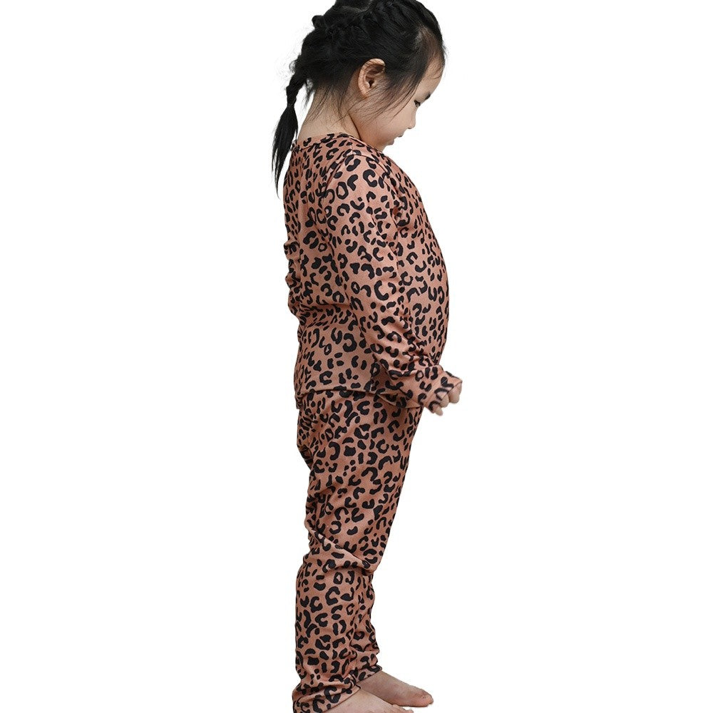 New Kids' Pajama Set Fashion Cute Leopard Print Spring Autumn Girls' Long Sleeve Long Pants Velvet Sleepwear Children's Clothing