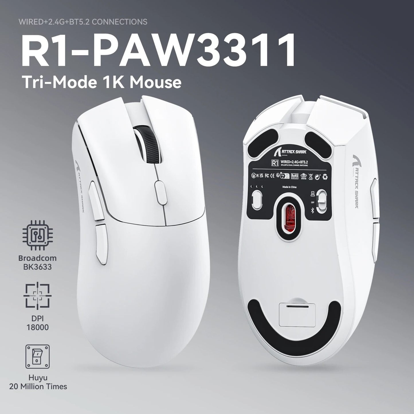Rato R1 Superlight Bluetooth 2.4G Sem Fio para Jogos Sensor PixArt PAW3311 6 Níveis de DPI Ajustáveis para Jogos de Escritório