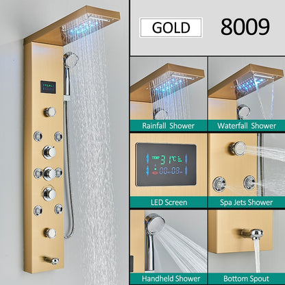 Sistema de Torre de Painel de Chuveiro de LED Coluna de Chuveiro de Cascata de Chuva com Tela LCD de Hidroeletricidade com Torneira de Chuveiro de Spa de Corpo com Massagem