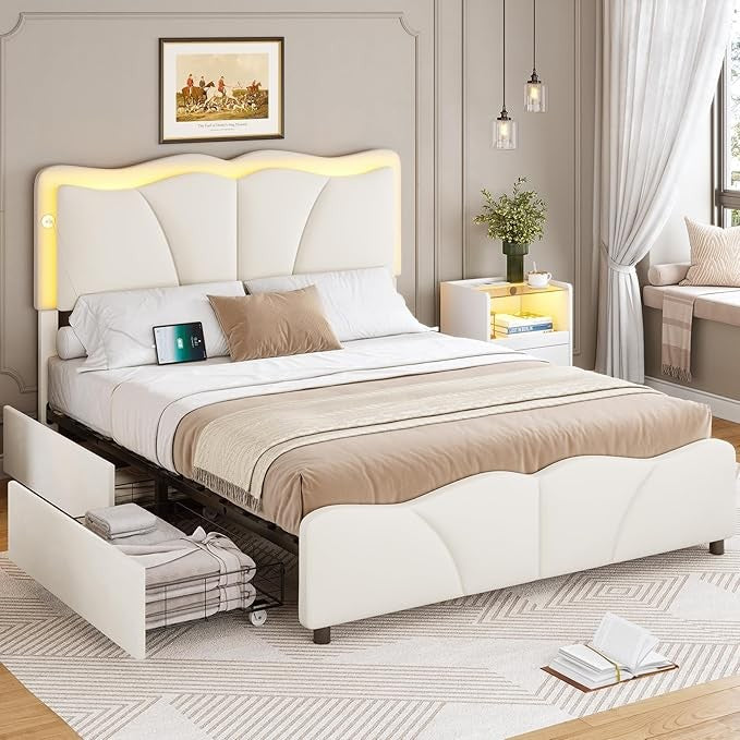 Estrutura de Cama Queen com 4 Gavetas de Armazenamento e Luzes LED, Estrutura de Cama Plataforma Estofada em Veludo com Cabeceira Ajustável em Altura