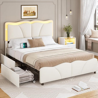 Estrutura de Cama Queen com 4 Gavetas de Armazenamento e Luzes LED, Estrutura de Cama Plataforma Estofada em Veludo com Cabeceira Ajustável em Altura