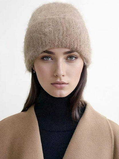 Gorros de Lã de Alpaca Fofos Femininos, Chapéu Quente de Malha, Gorro de Inverno, Cor Sólida, Outono Inverno