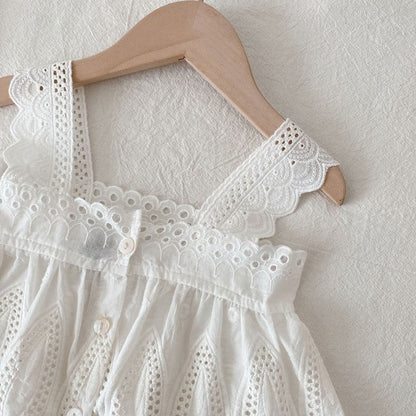 Girls Children Outfit Sets Summer Kids Clothes Lace Edge Pure White Baby Girl Casual White Hollow Vest Top Suspender+Denim Skirt