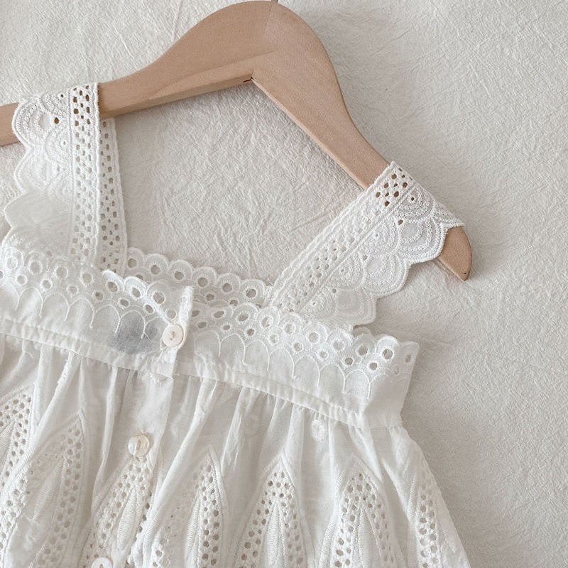 Girls Children Outfit Sets Summer Kids Clothes Lace Edge Pure White Baby Girl Casual White Hollow Vest Top Suspender+Denim Skirt