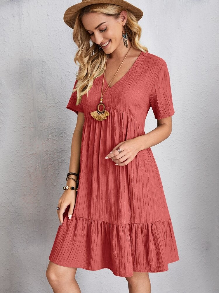 Women Elegant Short Sleeve V Neck Ruffles Dress Summer Casual Solid Loose Mini Dress Chic Bohemian Sundress Beach Party Vestidos