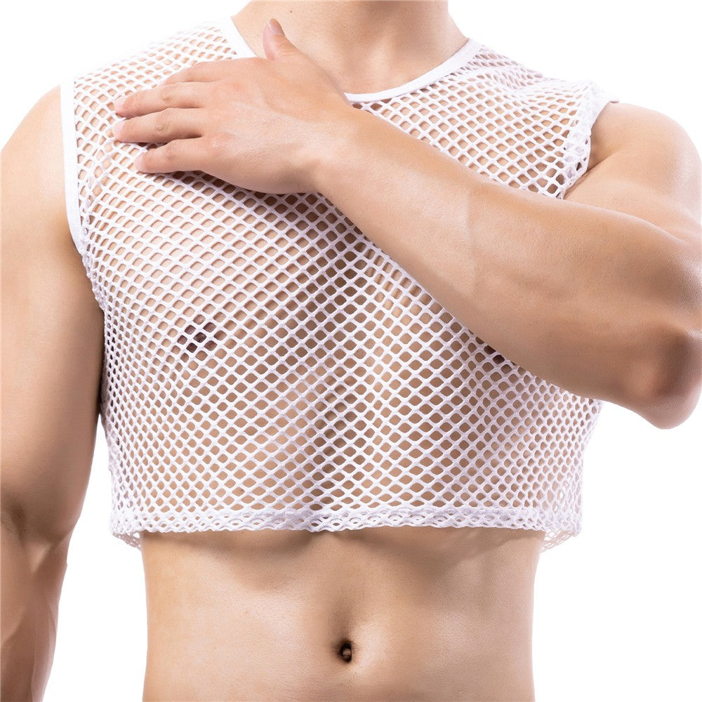 Mens Transparent Fishnet Crop Top Sexy Mesh Hollow Out Tank Tops Gym Fitness Sleeveless Undershirts T-shirts Nightclub Mini Vest