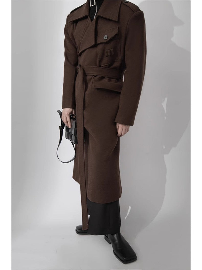 Mauroicardi Autumn Winter Cool Elegant Long Warm Black Woolen Trench Coat Men Belt Luxury Designer Clothes Wool Blends Overcoat