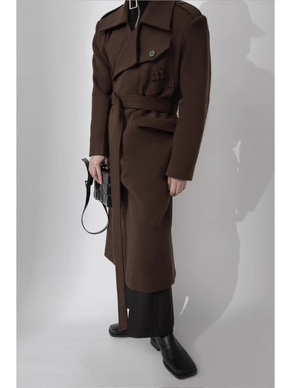 Mauroicardi Autumn Winter Cool Elegant Long Warm Black Woolen Trench Coat Men Belt Luxury Designer Clothes Wool Blends Overcoat