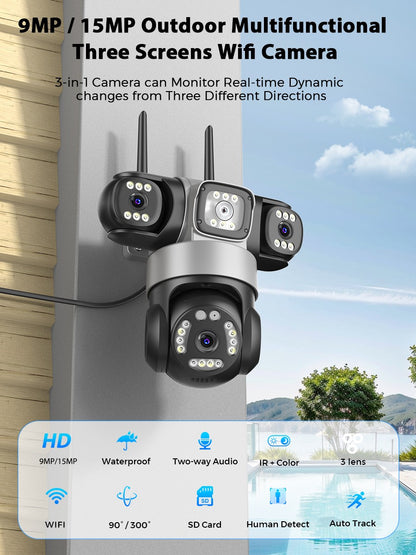 ICsee Wireless PTZ IP Camera 8K 15MP 3-Lens 3-Screen 9MP 4K 2-Way Audio WiFi Outdoor CCTV Security Surveillance Cam
