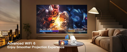 Projetor Inteligente com Wifi e Bluetooth Portátil Suporte 720P 4K, Correção Trapezoidal Automática, Controle Remoto AirMouse, Rotação 180 Graus