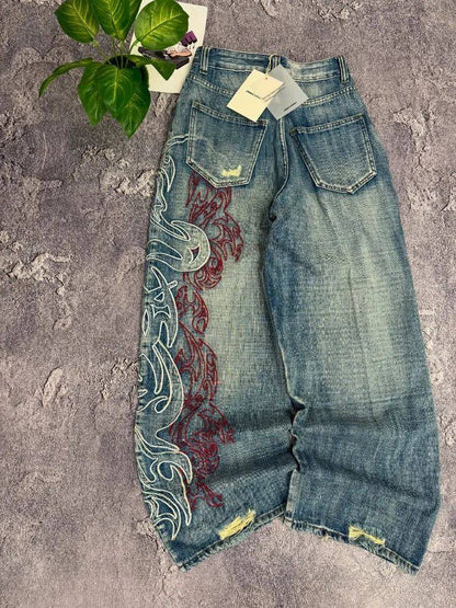 Calça Jeans Larga Y2K Masculina Americana com Bordado e Novo Padrão, Estilo High Street Vintage Hip Hop Moda Casual Joker para Casais