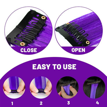 5PC/22 inch Color Hair Extensions Highlights Clip in Synthetic Hair Purple Hairpieces for Women Kids Halloween Cosplay Gift