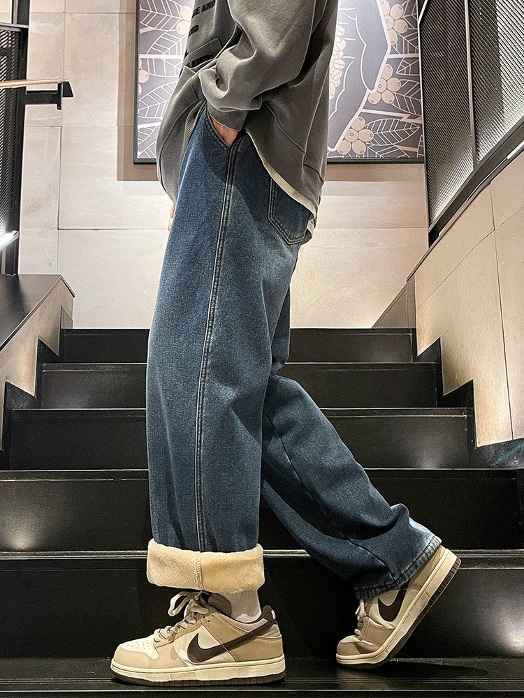 Men's Winter Jeans Fleece-Lined Brushed Thick Warm Denim Pants Korean Style Straight Fit Insulated Trousers Asians Size M-3XL