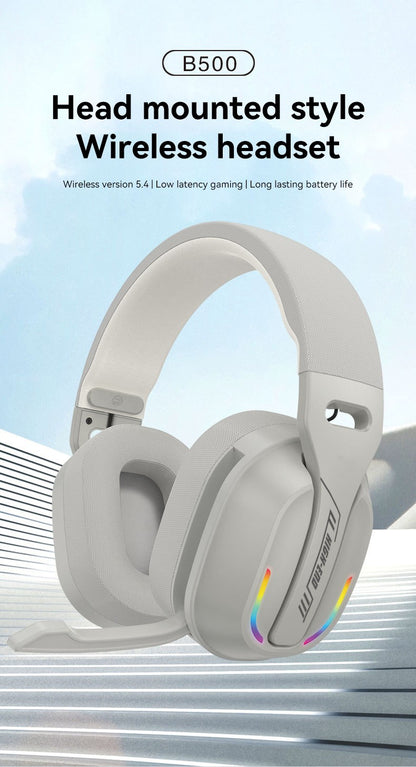 Fone de Ouvido Headset B500 Over Ear Bluetooth 5.4 Sem Fio Estéreo para Jogos Microfone Embutido Luz RGB Baixa Latência Para PC