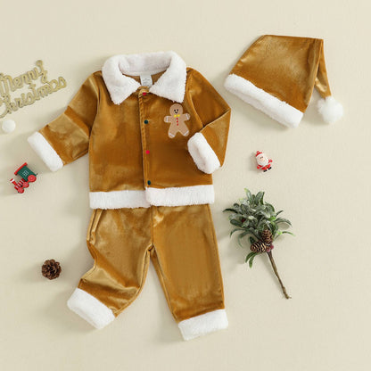 Christmas Infant Baby Girl Boy Velvet Clothes Toddler Long Sleeve Lapel Button Down Tops Elastic Waist Pants Santa Costume Set