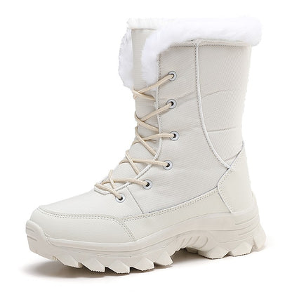 2025 Women's Snow Boots Beige Lace-up Waterproof Antiskid Female New Ankle Boots Walking Shoes plush Winter Warm Mid-Calf Boots