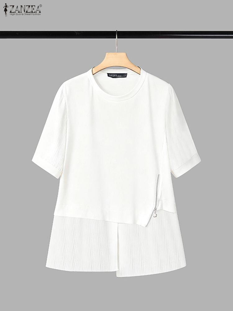 ZANZEA Women Summer Patchwork Blouse 2025 Casual O Neck Short Sleeve Tops Blusas Fashion Elegant Work Shirt Mujer Female Chemise