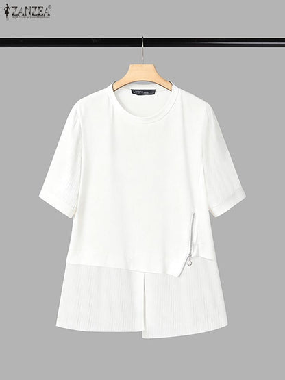 ZANZEA Women Summer Patchwork Blouse 2025 Casual O Neck Short Sleeve Tops Blusas Fashion Elegant Work Shirt Mujer Female Chemise