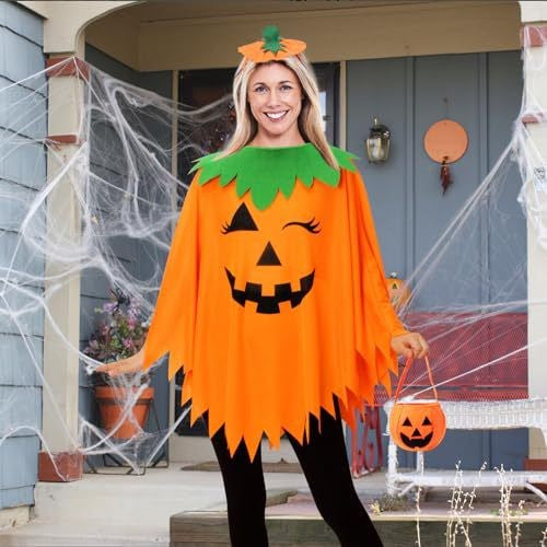 Halloween Party Adult Pumpkin unisex Costume Cloak Pumpkin Shawl Pumpkin Hat Headband Set Holiday Dress Up Cosplay