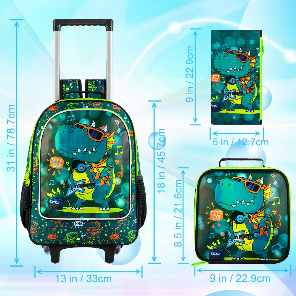 Mochila de Rodinhas de Dinossauro 3 Peças para Meninos, Mochila Escolar Infantil com Rodas, Mochila de Rolamento com Lancheira para o Ensino Fundamental