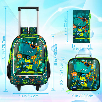 Mochila de Rodinhas de Dinossauro 3 Peças para Meninos, Mochila Escolar Infantil com Rodas, Mochila de Rolamento com Lancheira para o Ensino Fundamental
