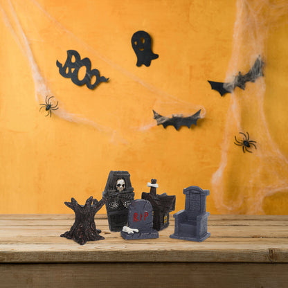 12pcs Mini Resin Figures Spooky Graveyard Decorations Miniature Tombstones Coffin Props For Indoor Outdoor Halloween Party