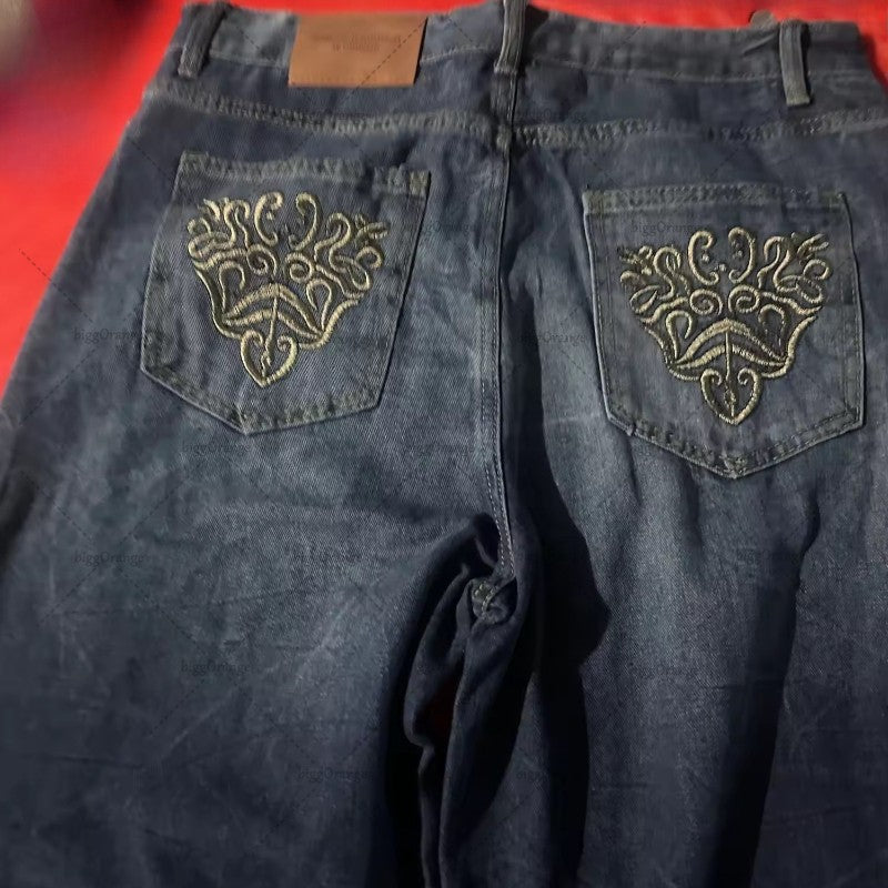 American Y2K Street Harajuku Clothing Retro Pattern Embroidery Washing Jeans Hip-hop Personality Trend Versatile Wide-leg Pants