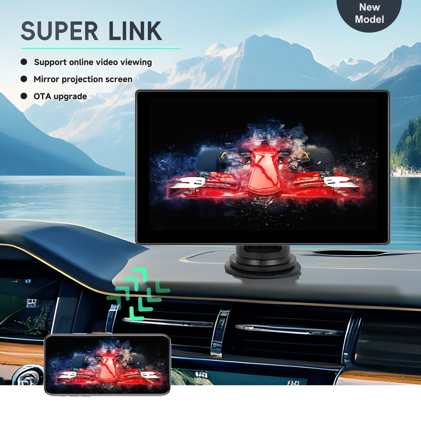 Player de Vídeo Multimídia de Rádio para Espelho de Carro Portátil de 9" Universal Sem Fio CarPlay Android Auto Tela Bluetooth AUX TF GPS DVR
