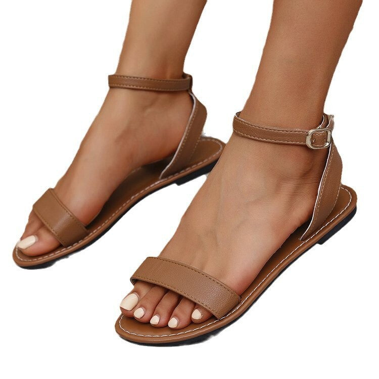 Summer Women's Leather Open Toed Flip Flop Sandals Metal Buckle Designer Flat Roman Shoes