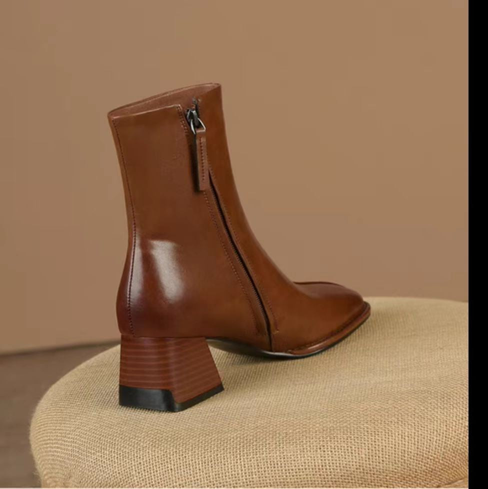 2025 Ankle Boots for Women Leather Square Toe Side Zipper Retro Style Chunky Heels Women Boots Fashion Short Boots Women  D263