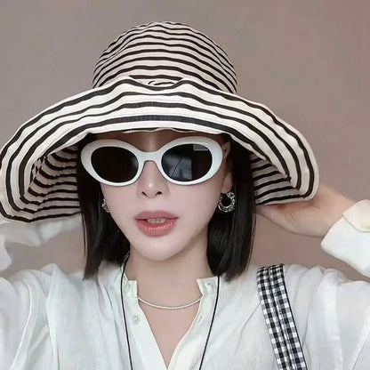 1Pcs Durable Sunproof Striped Bucket Hat Foldable Retro Summer Hat Big Head Circumference Fashion Sunscreen Basin Hat Women